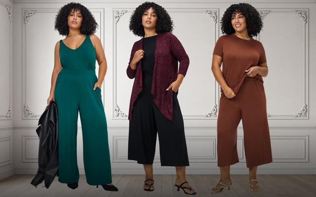 A model showcases three Super Soft looks: a teal jumpsuit, a black outfit with a burgundy patterned cardigan, and a brown cropped-leg jumpsuit.