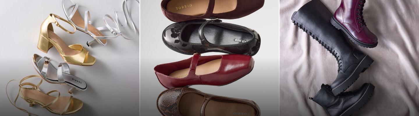 Gold and silver heels, Mary Jane flats, and black and burgundy boots arranged in three panels.