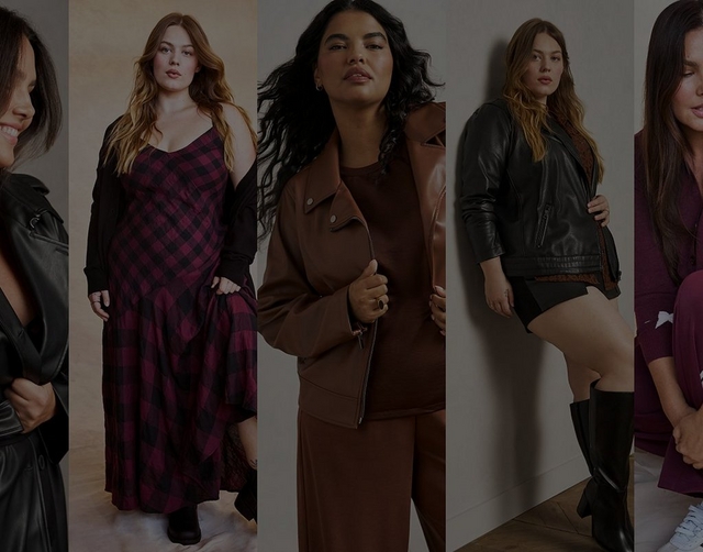 A five panel collage of women in fall outfits with a dark overlay tone. From left to right: a partial view of a smiling woman in a black faux leather jacket; a woman with long red hair wearing a black and burgundy plaid maxi dress layered with a black jacket; a woman with curly dark hair wearing an open brown faux leather jacket over a matching brown top and pants, with a ring on her hand; a woman leaning against a wall wearing a black faux leather jacket over a burgundy lace dress, black shorts, and black knee high heeled boots, with a small yellow asterisk graphic near her hip; a woman sitting with her head down wearing a burgundy top. No visible text appears in the image.