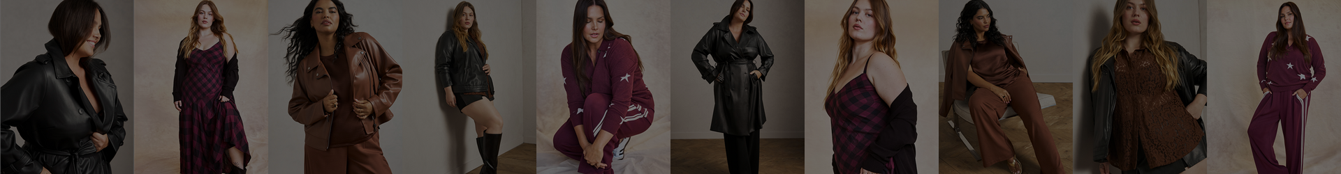 A wide multi-panel collage of ten vertical strips featuring different women in fall outfits, with a dark overlay tone. From left to right: a smiling woman in a black faux leather jacket; a woman with long red hair wearing a black and burgundy plaid maxi dress with a black jacket; a woman with curly dark hair wearing a brown faux leather jacket over a matching brown top and pants; a woman leaning against a wall wearing a black faux leather jacket, black shorts, and knee high boots; a woman crouching wearing a burgundy star print sweatsuit; a woman standing in a black trench coat with a belt; a woman wearing a black and burgundy plaid slip dress with a black cardigan; a woman sitting wearing a brown knit top and pants; a woman wearing a black faux leather jacket over a burgundy lace dress; a woman wearing a burgundy star print sweatsuit with black jacket. No visible text appears in the image.