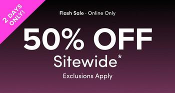 Dark purple gradient background with a pink triangular banner in the top left corner containing white text reading '2 DAYS ONLY!'. In the upper portion of the image, small white text reads 'Flash Sale - Online Only'. Below that, large bold white text reads '50% OFF' followed by 'Sitewide' with an asterisk. At the bottom, smaller white text reads 'Exclusions Apply'. No people or additional graphics appear in the image.
