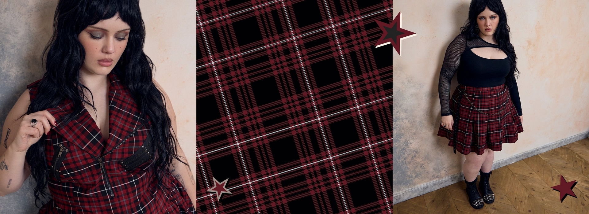 A three panel composite image with red star graphics and a plaid texture overlay in the background. On the left, a woman with long dark wavy hair and bangs looks down, wearing a red and black plaid top with a deep neckline. In the center, a close-up of red and black plaid fabric texture. On the right, the same woman stands wearing the red and black plaid dress with buckle details, paired with a black skirt and black platform boots, against a plain light background.