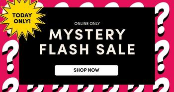 A promotional banner on a bright magenta pink background patterned with large white question marks. A black rectangular panel covers the center of the frame. Inside it, small white sans-serif capitals read 'ONLINE ONLY', below that large white serif capitals read 'MYSTERY FLASH SALE' across two lines, and beneath that a white rounded button contains black capitals reading 'SHOP NOW'. At the upper left corner, outside the black panel, a yellow starburst badge holds black capitals reading 'TODAY ONLY!'.