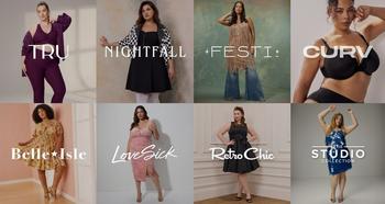 Eight models showcase Torrid collections: Tru, Nightfall, Festi, CURV, Belle Isle, Lovesick, Retro Chic, and The Studio Collection.