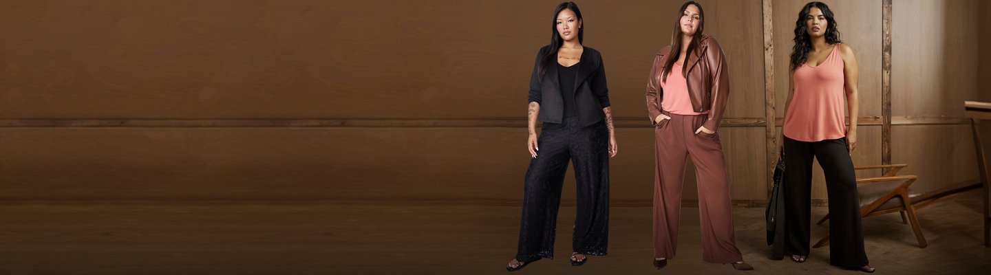 A model showcases three Super Soft looks: a teal jumpsuit, a black outfit with a burgundy patterned cardigan, and a brown cropped-leg jumpsuit.