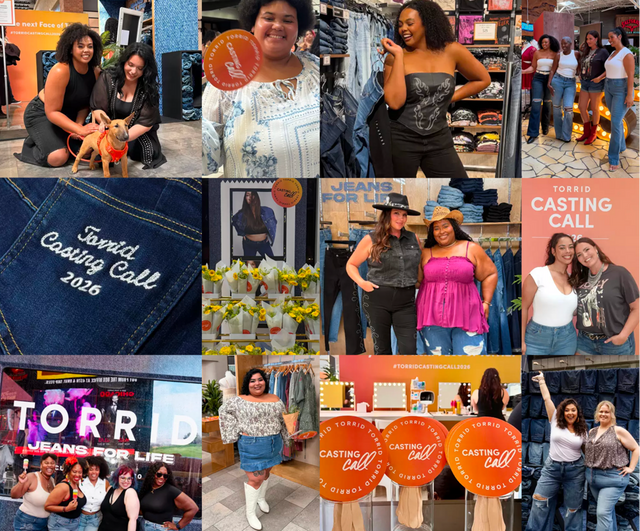 A three-row photo collage of candid images from a Torrid Casting Call event. The top row shows two women kneeling beside a tan dog in an orange harness in front of a backdrop reading 'the next Face of T' with the hashtag '#TORRIDCASTINGCALL2026', a smiling attendee in a blue and white embroidered blouse holding a round orange 'CASTING call' paddle, a woman in a black strapless corset top and black jeans beside a wall of folded denim, and four attendees posed together in white tops and jeans beside an illuminated marquee letter. The middle row shows a close-up of a dark denim back pocket embroidered in white script reading 'Torrid Casting Call 2026', a display of sunflower bouquets in white paper in front of a large denim campaign photo, two women posed in front of a denim wall under a 'JEANS FOR LIFE' sign, one in a black hat and denim vest and the other in a pink top and straw hat, and two women embracing in front of a coral backdrop reading 'TORRID CASTING CALL 2026'. The bottom row shows a group posed in front of a lit storefront screen reading 'TORRID JEANS FOR LIFE', an attendee in a floral off-shoulder top and denim skirt with tall white boots beside a clothing rack, three round orange signs reading 'CASTING call' in front of lit vanity mirrors under a '#TORRIDCASTINGCALL2026' banner, and two attendees posed together in jeans with one arm raised in front of a denim wall.