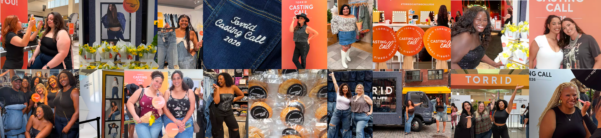 A wide two-row photo collage of candid event images from a Torrid Casting Call, with tiles butted edge to edge. The top row includes a makeup artist applying product to a smiling attendee, a display of sunflower bouquets wrapped in white paper in front of a large denim campaign photo, an attendee in a denim jacket beside a rack of jeans, a close-up of a dark denim back pocket embroidered in white script reading 'Torrid Casting Call 2026', a woman in a black hat and denim vest posed against a coral backdrop, an attendee in a floral off-shoulder top and denim skirt with tall white boots, a row of round orange signs reading 'CASTING call' in front of lit vanity mirrors under a banner reading '#TORRIDCASTINGCALL2026', a smiling attendee beside a flower display, and two women posed together in front of a coral 'CASTING CALL' backdrop. The bottom row includes a group of attendees laughing together, a photo studio setup with a 'TORRID CASTING CALL 2026' sign, two attendees holding round orange paddles and sunflower bouquets, a woman in a black corset top and jeans, a tray of cookies individually wrapped with 'TORRID CASTING call' stickers, two attendees posed arm in arm in denim, a Torrid branded box truck parked on a cobblestone street, a group cheering under a coral 'TORRID' sign, and a smiling attendee holding a round orange paddle.