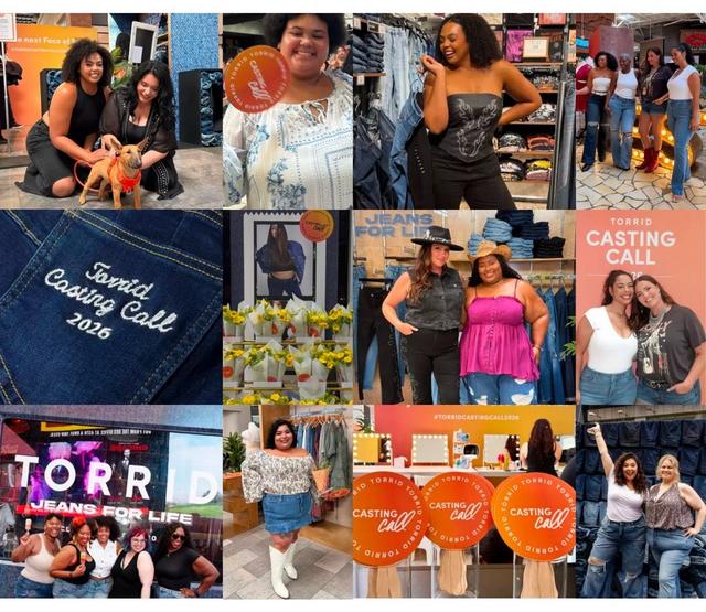 A three-row photo collage of candid images from a Torrid Casting Call event. The top row shows two women kneeling beside a tan dog in an orange harness in front of a backdrop reading 'the next Face of T' with the hashtag '#TORRIDCASTINGCALL2026', a smiling attendee in a blue and white embroidered blouse holding a round orange 'CASTING call' paddle, a woman in a black strapless corset top and black jeans beside a wall of folded denim, and four attendees posed together in white tops and jeans beside an illuminated marquee letter. The middle row shows a close-up of a dark denim back pocket embroidered in white script reading 'Torrid Casting Call 2026', a display of sunflower bouquets in white paper in front of a large denim campaign photo, two women posed in front of a denim wall under a 'JEANS FOR LIFE' sign, one in a black hat and denim vest and the other in a pink top and straw hat, and two women embracing in front of a coral backdrop reading 'TORRID CASTING CALL 2026'. The bottom row shows a group posed in front of a lit storefront screen reading 'TORRID JEANS FOR LIFE', an attendee in a floral off-shoulder top and denim skirt with tall white boots beside a clothing rack, three round orange signs reading 'CASTING call' in front of lit vanity mirrors under a '#TORRIDCASTINGCALL2026' banner, and two attendees posed together in jeans with one arm raised in front of a denim wall.