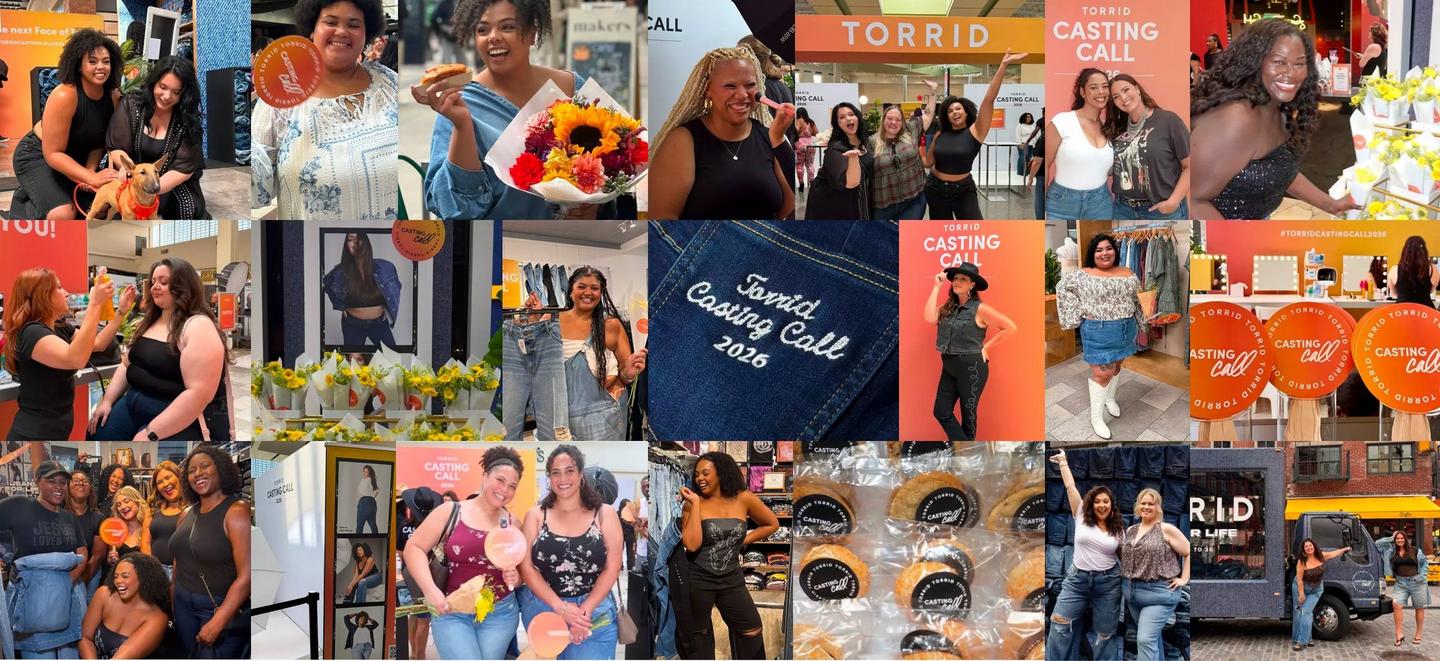 A wide two-row photo collage of candid event images from a Torrid Casting Call, with tiles butted edge to edge. The top row includes a makeup artist applying product to a smiling attendee, a display of sunflower bouquets wrapped in white paper in front of a large denim campaign photo, an attendee in a denim jacket beside a rack of jeans, a close-up of a dark denim back pocket embroidered in white script reading 'Torrid Casting Call 2026', a woman in a black hat and denim vest posed against a coral backdrop, an attendee in a floral off-shoulder top and denim skirt with tall white boots, a row of round orange signs reading 'CASTING call' in front of lit vanity mirrors under a banner reading '#TORRIDCASTINGCALL2026', a smiling attendee beside a flower display, and two women posed together in front of a coral 'CASTING CALL' backdrop. The bottom row includes a group of attendees laughing together, a photo studio setup with a 'TORRID CASTING CALL 2026' sign, two attendees holding round orange paddles and sunflower bouquets, a woman in a black corset top and jeans, a tray of cookies individually wrapped with 'TORRID CASTING call' stickers, two attendees posed arm in arm in denim, a Torrid branded box truck parked on a cobblestone street, a group cheering under a coral 'TORRID' sign, and a smiling attendee holding a round orange paddle.