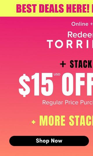 The left portion of a tall promotional banner with a background that shifts from hot pink at the top to coral at the bottom, cropped so the right side of every line runs off the frame. A yellow bar at the top holds magenta capitals reading 'BEST DEALS HERE!'. Below, white text reads 'Online +', 'Redee', and 'TORRI' in large spaced capitals. Black capitals read '+ STACK', then very large white letters read '$15 OFF' with a superscript 'USD'. Smaller white text reads 'Regular Price Purch', and yellow capitals read '+ MORE STACK'. A black rounded button at the bottom reads 'Shop Now'.