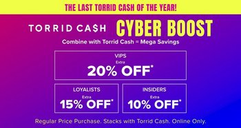 A promotional banner with a diagonal gradient background running from magenta pink at the left through purple to bright blue at the right. Across the top, a yellow bar holds magenta capitals reading 'THE LAST TORRID CASH OF THE YEAR!'. Below on the left, white capitals read 'TORRID CASH' with the S in CASH styled as a dollar sign. To the right, large yellow capitals read 'CYBER BOOST', with white text beneath reading 'Combine with Torrid Cash = Mega Savings'. Below are three outlined boxes: a wide one reading 'VIPS' with 'Extra' above '20% OFF*', and two smaller boxes side by side reading 'LOYALISTS' with 'Extra 15% OFF*' and 'INSIDERS' with 'Extra 10% OFF*'. Along the bottom edge, small white text reads 'Regular Price Purchase. Stacks with Torrid Cash. Online Only.'