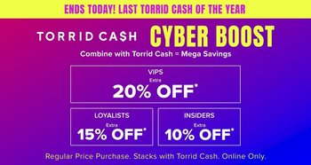 A promotional banner with a diagonal gradient background running from magenta pink at the left through purple to bright blue at the right. Across the top, a yellow bar holds magenta capitals reading 'THE LAST TORRID CASH OF THE YEAR!'. Below on the left, white capitals read 'TORRID CASH' with the S in CASH styled as a dollar sign. To the right, large yellow capitals read 'CYBER BOOST', with white text beneath reading 'Combine with Torrid Cash = Mega Savings'. Below are three outlined boxes: a wide one reading 'VIPS' with 'Extra' above '20% OFF*', and two smaller boxes side by side reading 'LOYALISTS' with 'Extra 15% OFF*' and 'INSIDERS' with 'Extra 10% OFF*'. Along the bottom edge, small white text reads 'Regular Price Purchase. Stacks with Torrid Cash. Online Only.'