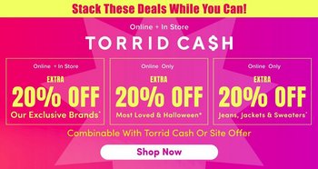 A promotional banner with a background that shifts from magenta pink at the left to bright purple at the right, overlaid with large translucent starburst shapes. Across the top, a yellow bar holds magenta capitals reading 'Stack These Deals While You Can!'. Below, white text reads 'Online + In Store', then large widely spaced white capitals read 'TORRID CASH' with the S in CASH styled as a dollar sign. Beneath are three outlined boxes side by side. The first reads 'Online + In Store' above 'EXTRA' in yellow, then large yellow capitals reading '20% OFF' and white text reading 'Our Exclusive Brands*'. The second reads 'Online Only' above 'EXTRA', '20% OFF', and 'Most Loved & Halloween*'. The third reads 'Online Only' above 'EXTRA', '20% OFF', and 'Jeans, Jackets & Sweaters*'. Below the boxes, yellow text reads 'Combinable With Torrid Cash Or Site Offer', and a white rounded button holds magenta text reading 'Shop Now'.