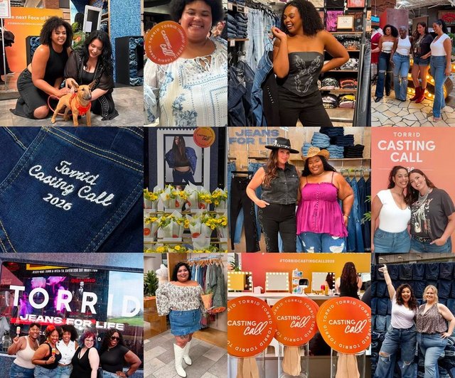 A three-row photo collage of candid images from a Torrid Casting Call event. The top row shows two women kneeling beside a tan dog in an orange harness in front of a backdrop reading 'the next Face of T' with the hashtag '#TORRIDCASTINGCALL2026', a smiling attendee in a blue and white embroidered blouse holding a round orange 'CASTING call' paddle, a woman in a black strapless corset top and black jeans beside a wall of folded denim, and four attendees posed together in white tops and jeans beside an illuminated marquee letter. The middle row shows a close-up of a dark denim back pocket embroidered in white script reading 'Torrid Casting Call 2026', a display of sunflower bouquets in white paper in front of a large denim campaign photo, two women posed in front of a denim wall under a 'JEANS FOR LIFE' sign, one in a black hat and denim vest and the other in a pink top and straw hat, and two women embracing in front of a coral backdrop reading 'TORRID CASTING CALL 2026'. The bottom row shows a group posed in front of a lit storefront screen reading 'TORRID JEANS FOR LIFE', an attendee in a floral off-shoulder top and denim skirt with tall white boots beside a clothing rack, three round orange signs reading 'CASTING call' in front of lit vanity mirrors under a '#TORRIDCASTINGCALL2026' banner, and two attendees posed together in jeans with one arm raised in front of a denim wall.
