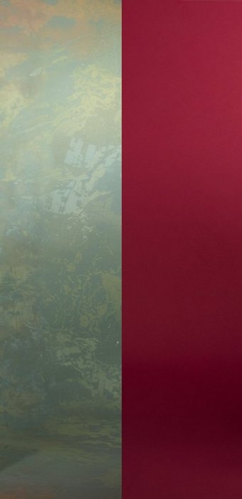 A vertical image split into two panels of equal width. The left panel shows a mottled painted backdrop in muted sage green and cream with soft cloudy texture and faint darker patches toward the lower half. The right panel is a solid deep burgundy red with a smooth, even finish. There are no people, objects, or text in the image.