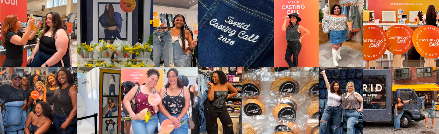 A wide two-row photo collage of candid event images from a Torrid Casting Call, with tiles butted edge to edge. The top row includes a makeup artist applying product to a smiling attendee, a display of sunflower bouquets wrapped in white paper in front of a large denim campaign photo, an attendee in a denim jacket beside a rack of jeans, a close-up of a dark denim back pocket embroidered in white script reading 'Torrid Casting Call 2026', a woman in a black hat and denim vest posed against a coral backdrop, an attendee in a floral off-shoulder top and denim skirt with tall white boots, a row of round orange signs reading 'CASTING call' in front of lit vanity mirrors under a banner reading '#TORRIDCASTINGCALL2026', a smiling attendee beside a flower display, and two women posed together in front of a coral 'CASTING CALL' backdrop. The bottom row includes a group of attendees laughing together, a photo studio setup with a 'TORRID CASTING CALL 2026' sign, two attendees holding round orange paddles and sunflower bouquets, a woman in a black corset top and jeans, a tray of cookies individually wrapped with 'TORRID CASTING call' stickers, two attendees posed arm in arm in denim, a Torrid branded box truck parked on a cobblestone street, a group cheering under a coral 'TORRID' sign, and a smiling attendee holding a round orange paddle.