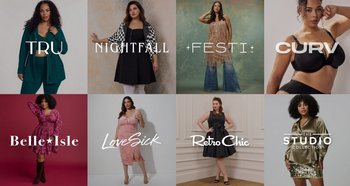 Eight models showcase Torrid collections: Tru, Nightfall, Festi, CURV, Belle Isle, Lovesick, Retro Chic, and The Studio Collection.