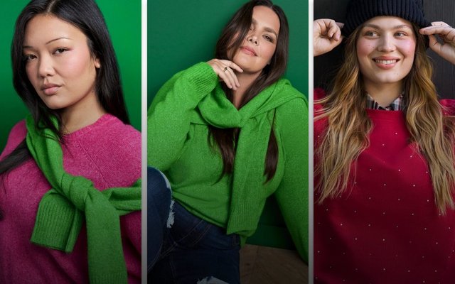 Models wearing bright sweaters.