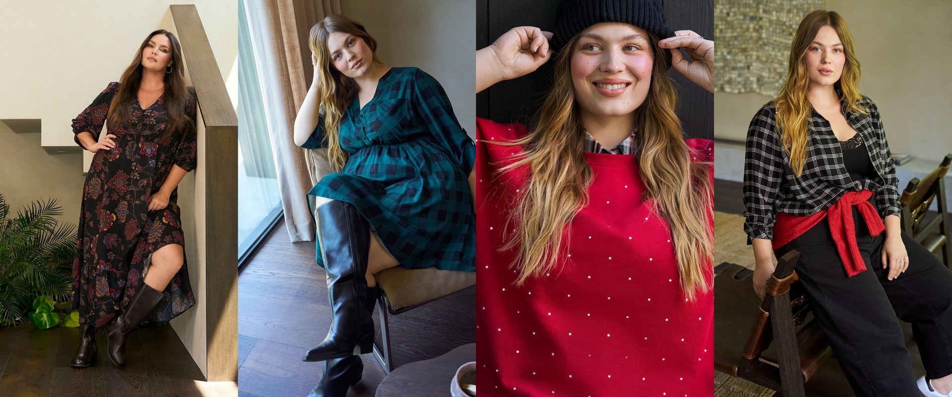 A four-panel photo collage of models in holiday outfits, tiles butted edge to edge. The first shows a woman with long dark hair in a black floral-print dress standing in a doorway with her hands on her hips. The second shows a woman in a teal sequined top and dark pants seated on a stool against a dark backdrop. The third shows a woman with long blonde hair in a red embellished sweater, smiling with both hands raised near her head. The fourth shows a woman with long blonde hair in a black and white checked blazer with a red belt and dark pants, standing against a pale wall.