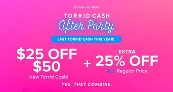 A promotional banner with a background that shifts from magenta pink at the left to bright purple at the right, overlaid with large translucent starburst shapes. Across the top, a yellow bar holds magenta capitals reading 'Stack These Deals While You Can!'. Below, white text reads 'Online + In Store', then large widely spaced white capitals read 'TORRID CASH' with the S in CASH styled as a dollar sign. Beneath are three outlined boxes side by side. The first reads 'Online + In Store' above 'EXTRA' in yellow, then large yellow capitals reading '20% OFF' and white text reading 'Our Exclusive Brands*'. The second reads 'Online Only' above 'EXTRA', '20% OFF', and 'Most Loved & Halloween*'. The third reads 'Online Only' above 'EXTRA', '20% OFF', and 'Jeans, Jackets & Sweaters*'. Below the boxes, yellow text reads 'Combinable With Torrid Cash Or Site Offer', and a white rounded button holds magenta text reading 'Shop Now'.