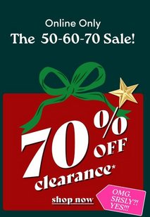 A vertical promotional panel on a dark forest green background. White text at the top reads ‘Online Only’ above ‘The 50-60-70 Sale!’. Below, an illustrated dark red gift box has a green ribbon bow and a gold star at its upper right. White text across the box reads ‘70% OFF clearance*’, with underlined text below reading ‘shop now’. A pink tag at the lower right reads ‘OMG. SRSLY?! YES!!!’.