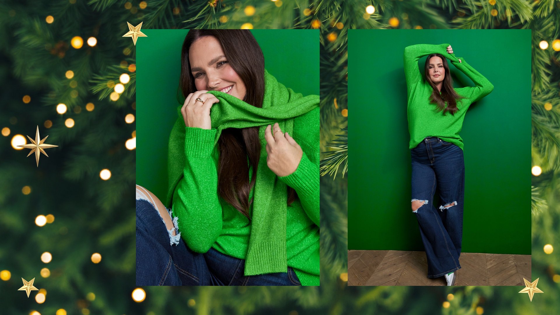 A two-panel layout framed by a border of blurred pine branches, warm golden bokeh lights, and gold star shapes. The left panel shows a model with long brown hair seated against a green background, smiling as she pulls a bright green knit scarf up over the lower half of her face. The right panel shows the same model standing against the green background, one hand raised to her head, wearing a bright green knit sweater and dark-wash jeans.