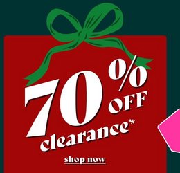 A vertical promotional panel on a dark forest green background. White text at the top reads ‘Online Only’ above ‘The 50-60-70 Sale!’. Below, an illustrated dark red gift box has a green ribbon bow and a gold star at its upper right. White text across the box reads ‘70% OFF clearance*’, with underlined text below reading ‘shop now’. A pink tag at the lower right reads ‘OMG. SRSLY?! YES!!!’.