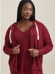 Super Soft Plush Waffle Hooded Button Front Lounge Cardigan, MAROON, alternate