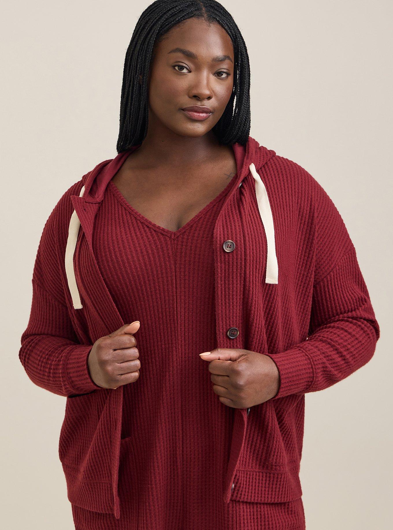 Plus Size Super Soft Plush Waffle Hooded Button Front Lounge Cardigan, MAROON, alternate