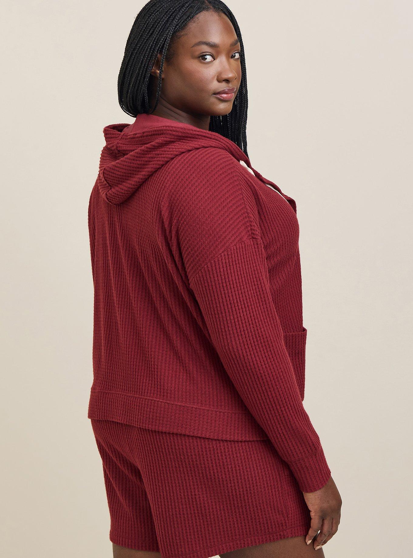 Plus Size Super Soft Plush Waffle Hooded Button Front Lounge Cardigan, MAROON, alternate