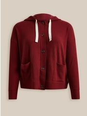 Super Soft Plush Waffle Hooded Button Front Lounge Cardigan, MAROON, hi-res