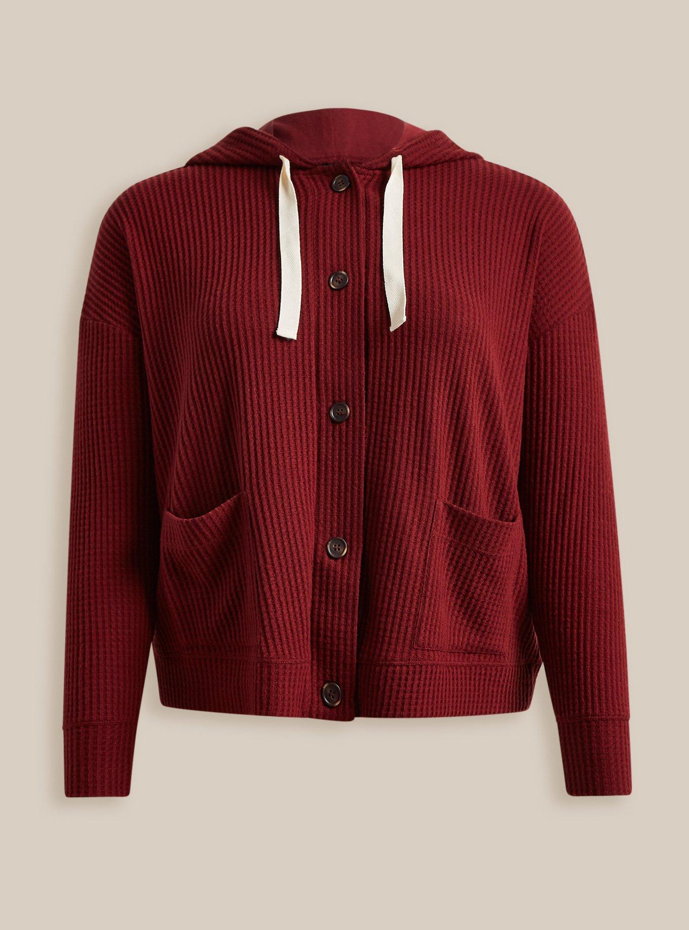 Plus Size Super Soft Plush Waffle Hooded Button Front Lounge Cardigan, MAROON, flat