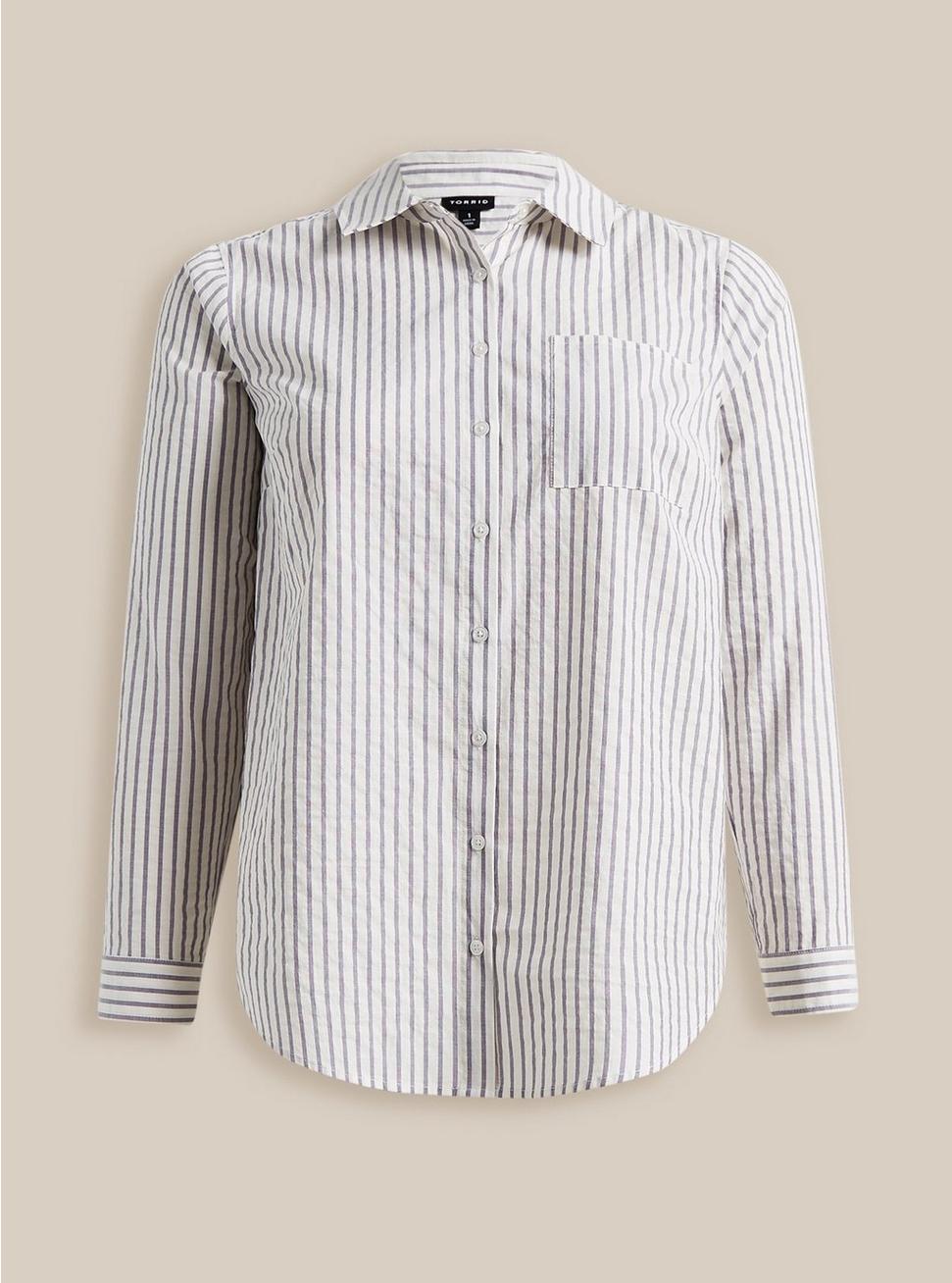 Plus Size Lizzie Cotton Button-Up Long Sleeve Shirt, BLUE STRIPE, hi-res