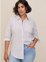 Plus Size Lizzie Cotton Button-Up Long Sleeve Shirt, BLUE STRIPE, hi-res