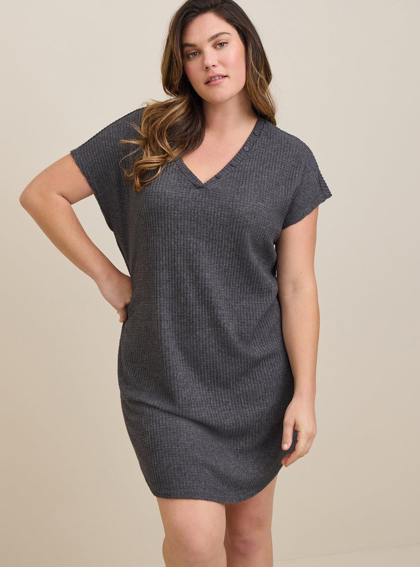 Super Soft Plush Waffle Henley Lounge Gown, CHARCOAL, alternate