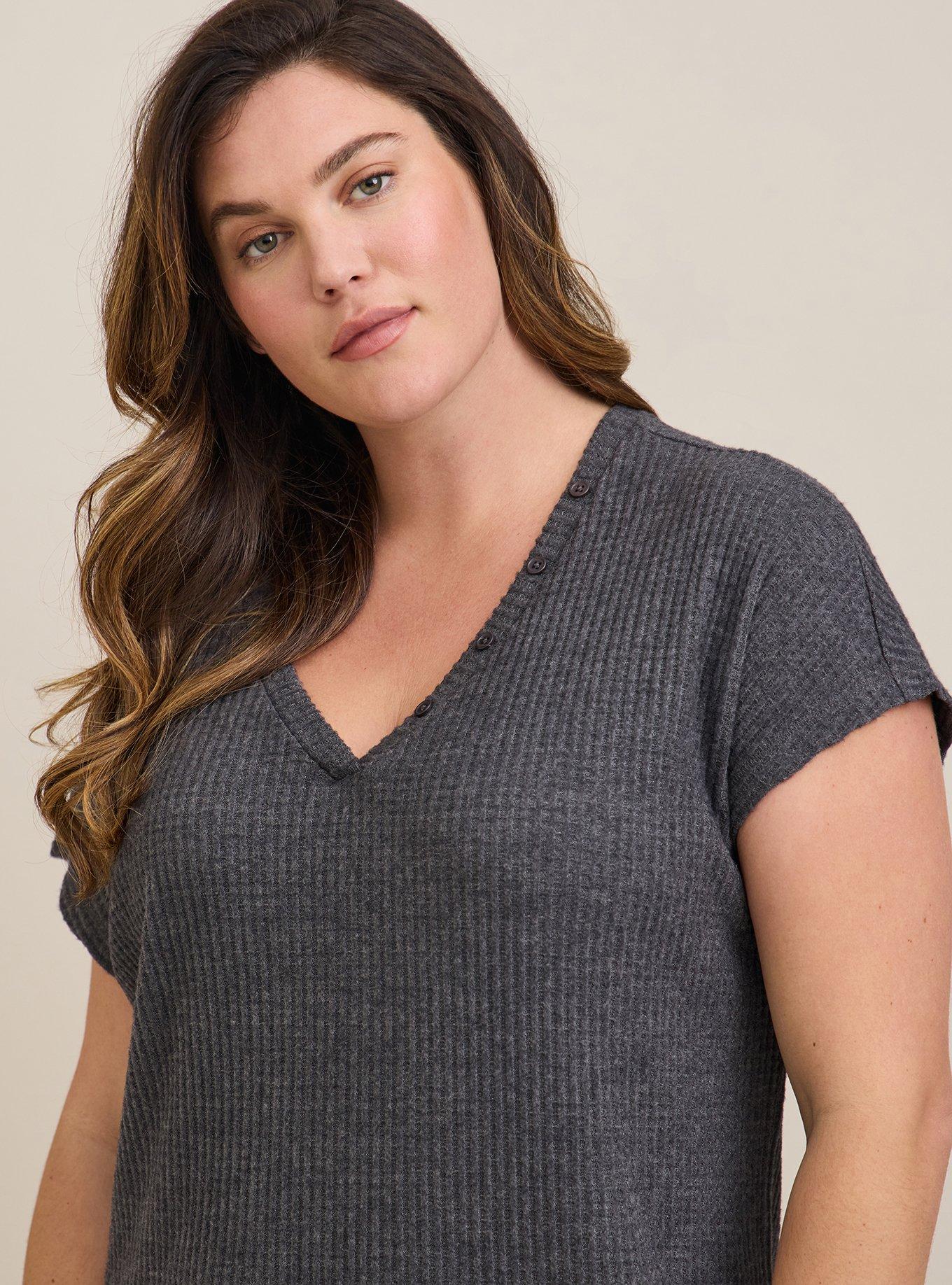 Super Soft Plush Waffle Henley Lounge Gown, CHARCOAL, alternate