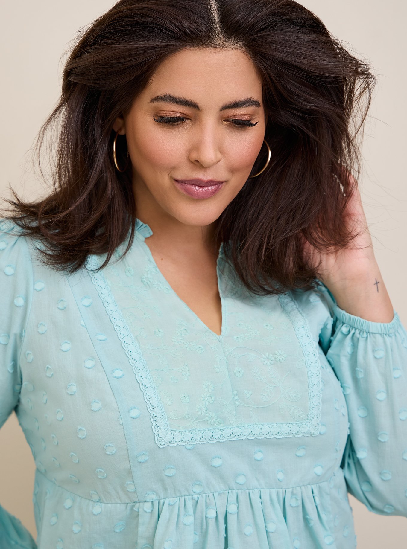 Plus Size - Clip Dot Mixed Eyelet Yoke Detail Top - Torrid