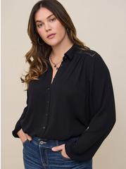 Madison Washable Gauze Embroidered Long Sleeve Shirt , DEEP BLACK, hi-res