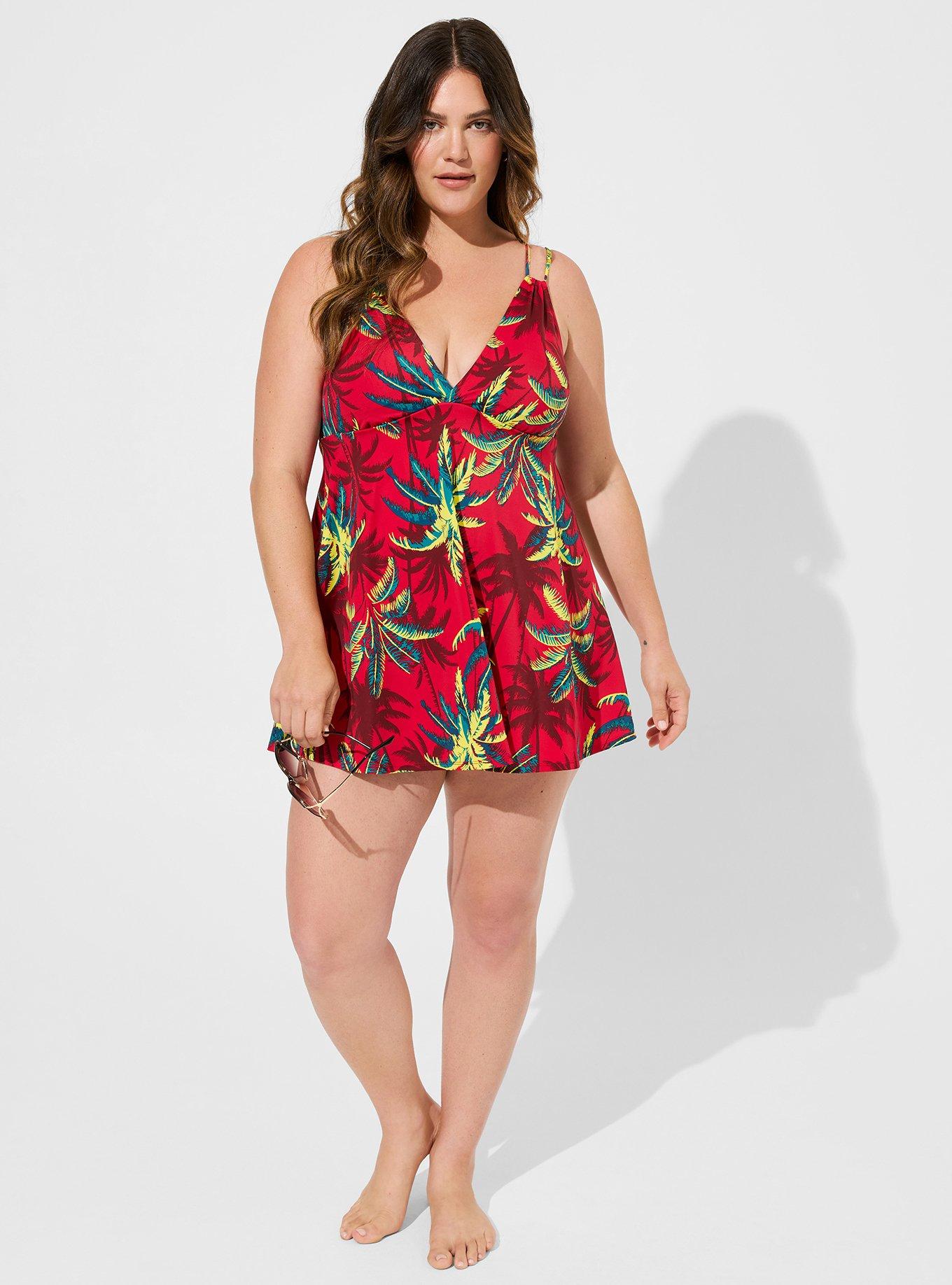 Retro Wireless Plunge Skirted One Piece Swimsuit, TROPICAL SHADOWS, alternate