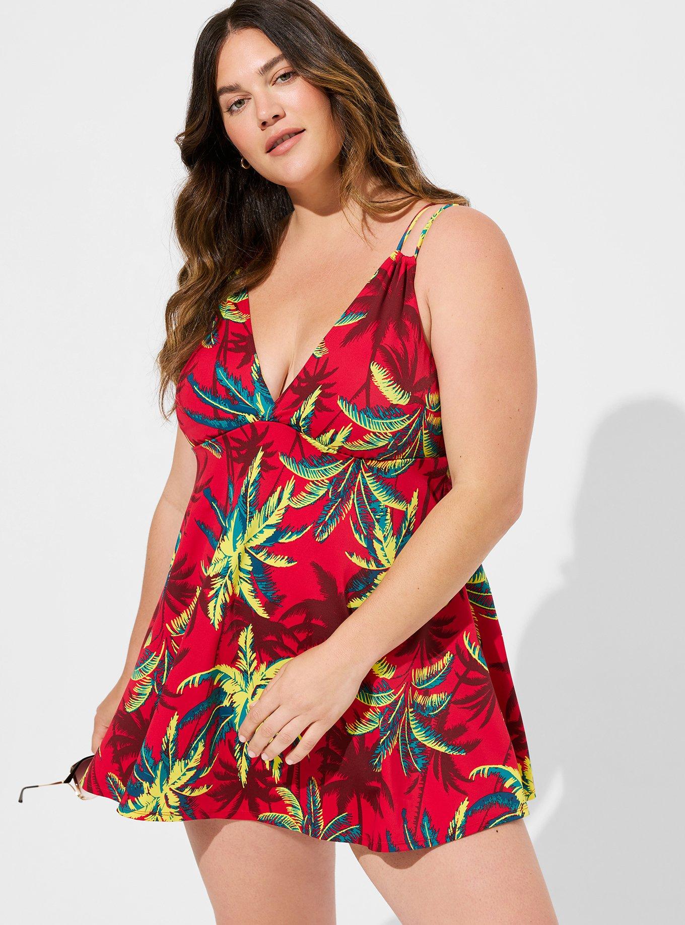 Retro Wireless Plunge Skirted One Piece Swimsuit, TROPICAL SHADOWS, hi-res