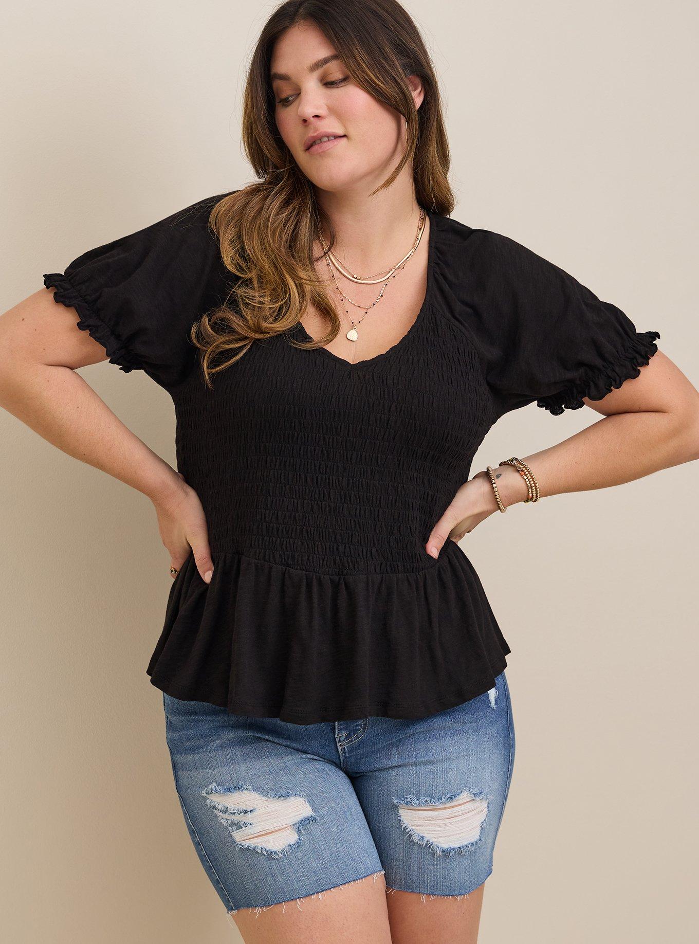 Solid embroidered floral applique short bubble sleeve babydoll top