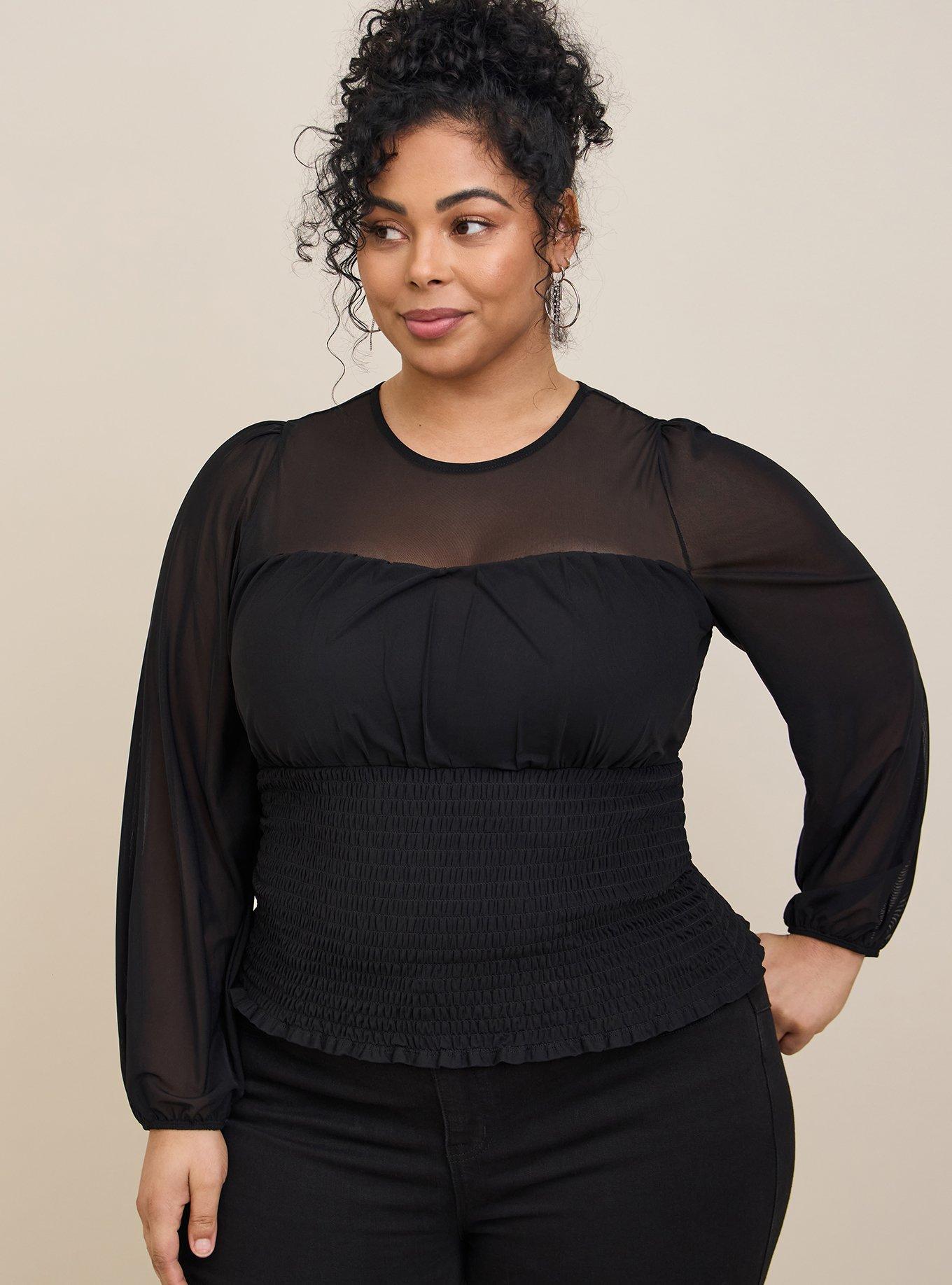 Plus Size - Stretch Mesh Sweetheart Smocked Long Sleeve Top - Torrid