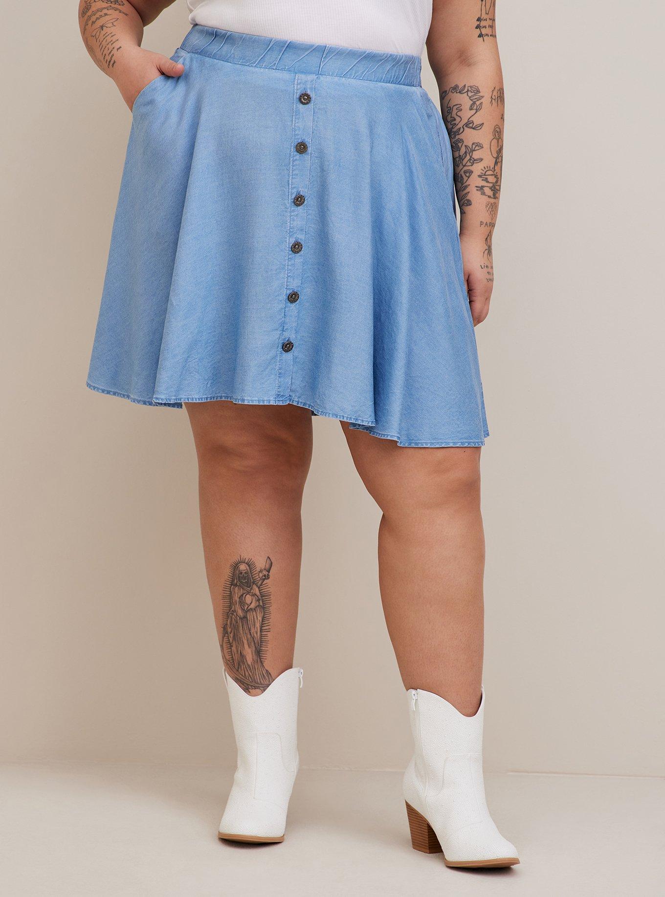 Plus Size Mini Chambray Button Up Skater Skirt, MEDIUM WASH, alternate