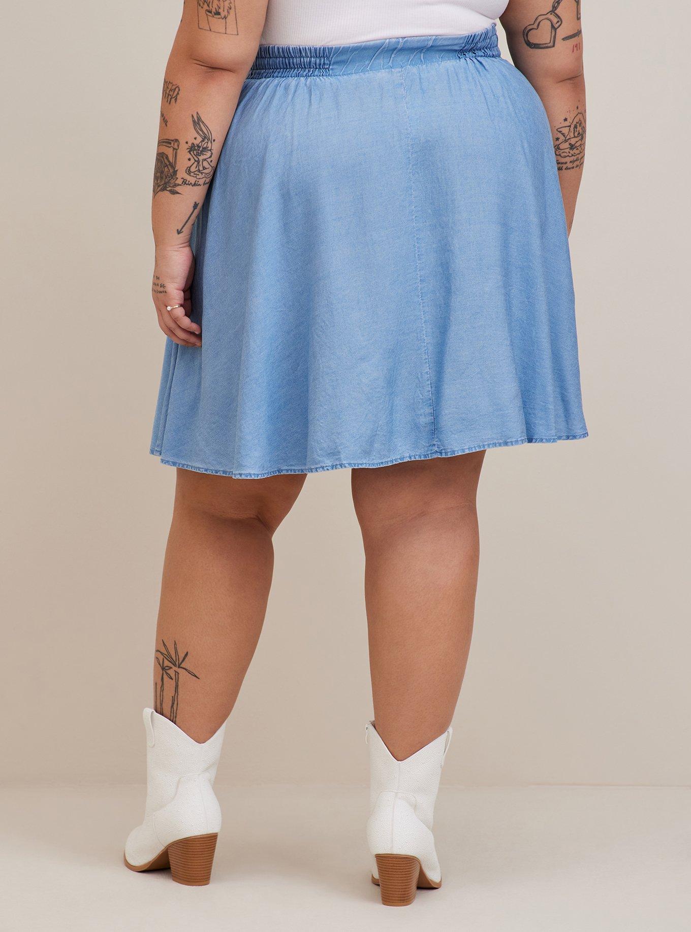Plus Size Mini Chambray Button Up Skater Skirt, MEDIUM WASH, alternate
