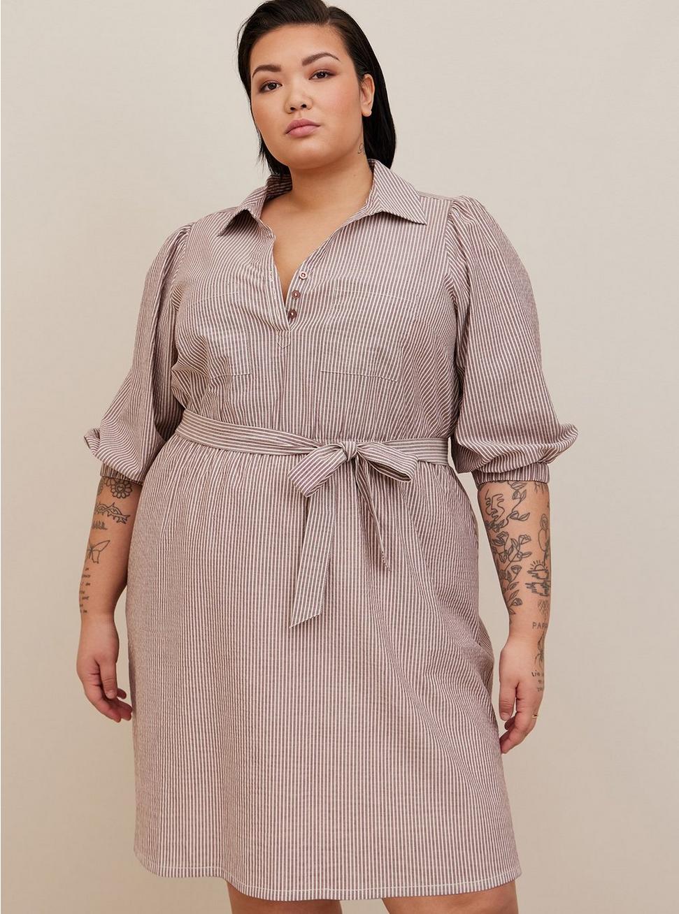 Mini Cotton Poly Blouson Sleeve Shirt Dress, STRIPE - MULTI, alternate