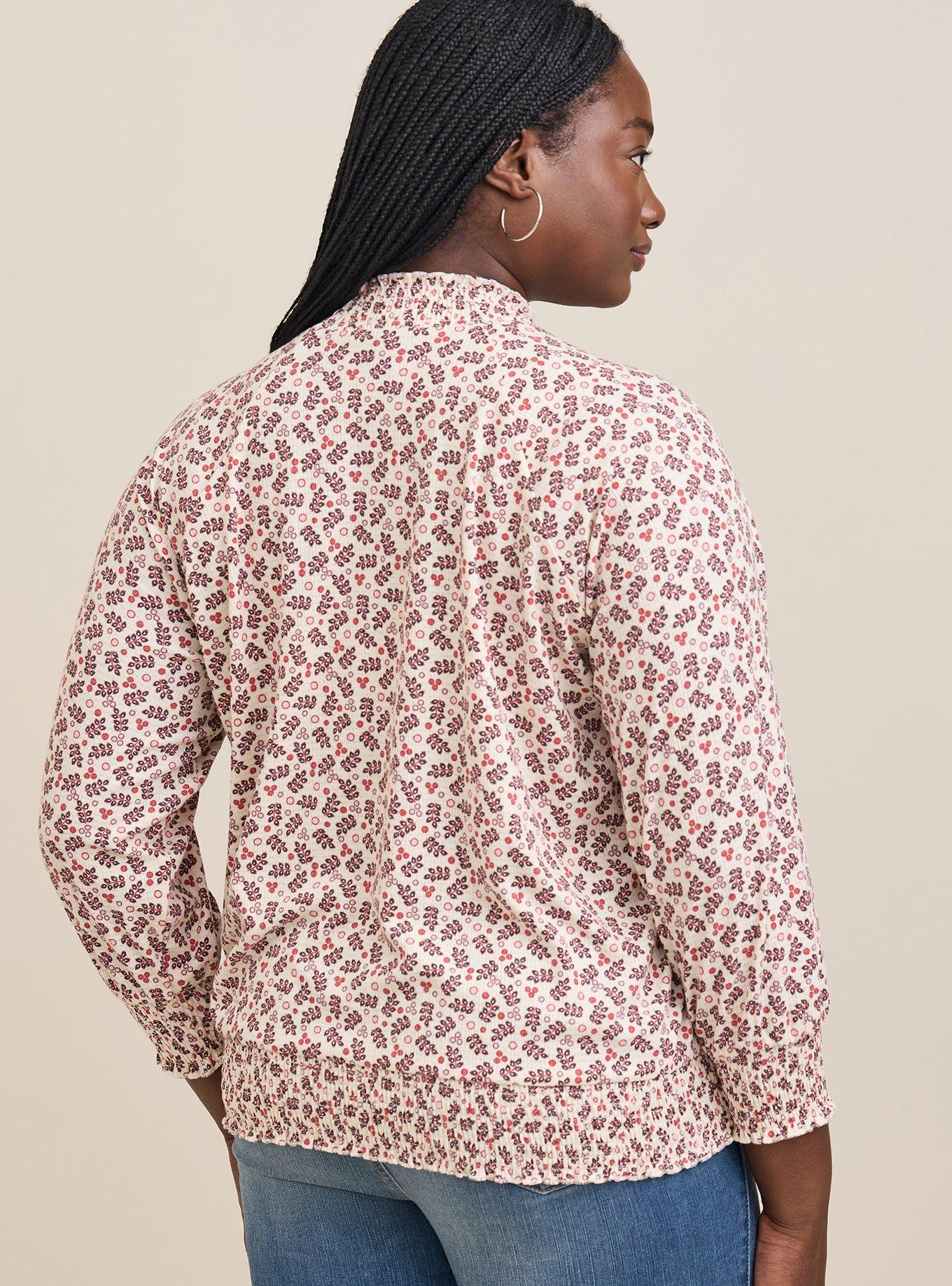 Plus Size - Textured Jersey Choker Neck Smocked Bottom Top