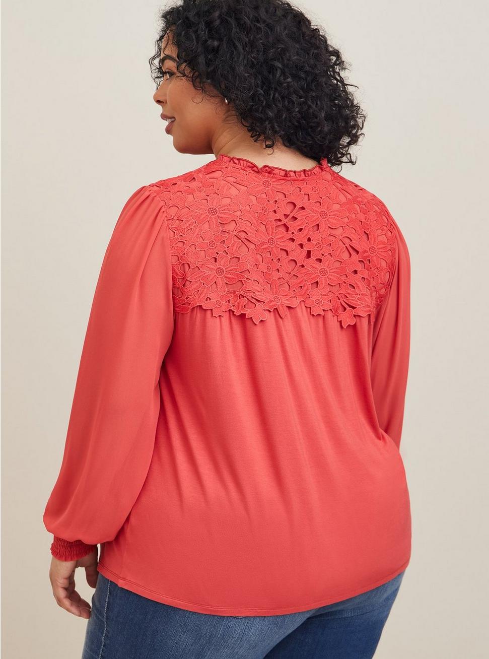 Super Soft Chiffon Sleeve Lace Inset Tie Detail Top , BAKED APPLE, alternate