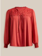 Super Soft Chiffon Sleeve Lace Inset Tie Detail Top , BAKED APPLE, hi-res