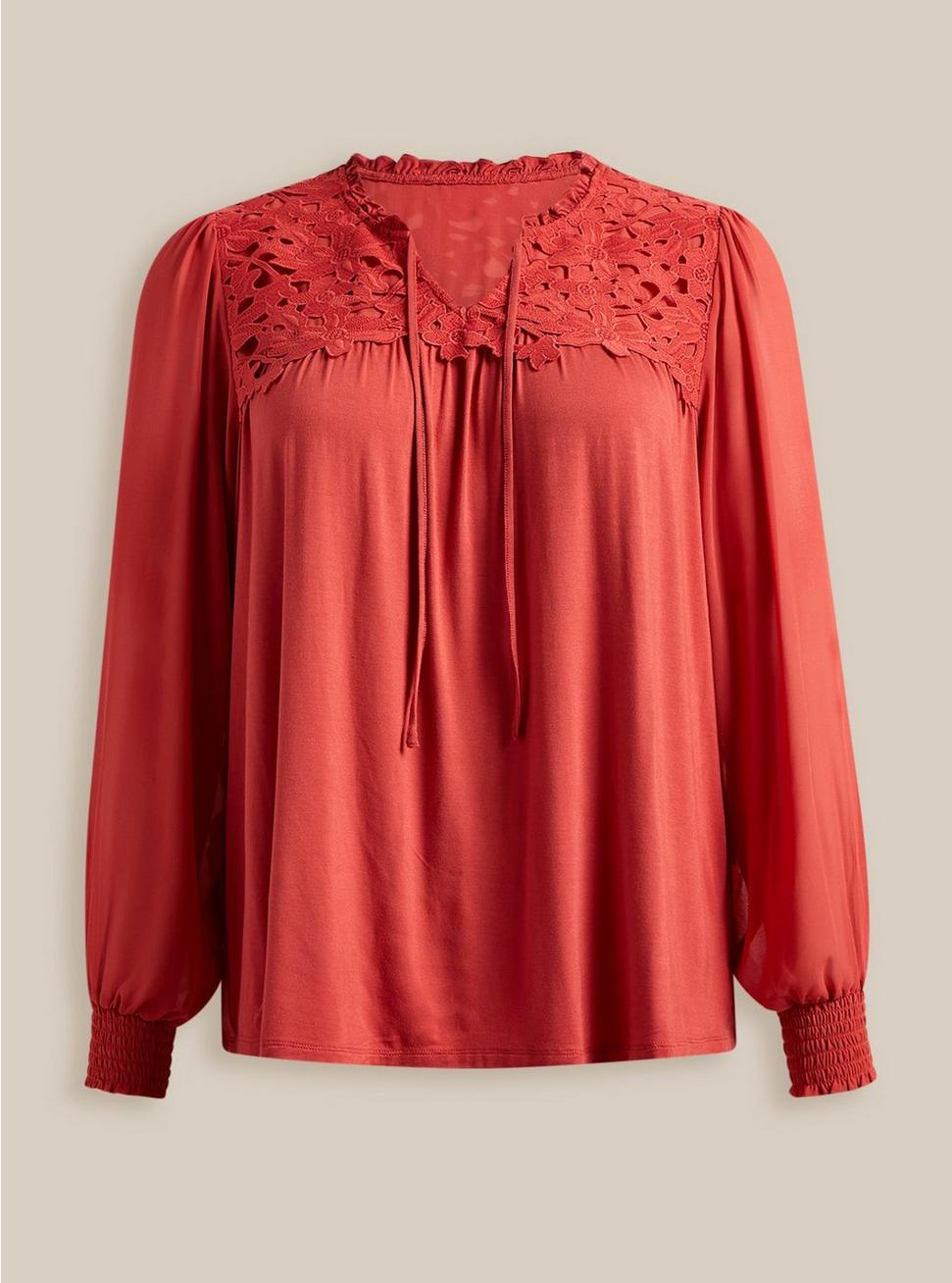 Super Soft Chiffon Sleeve Lace Inset Tie Detail Top , BAKED APPLE, hi-res