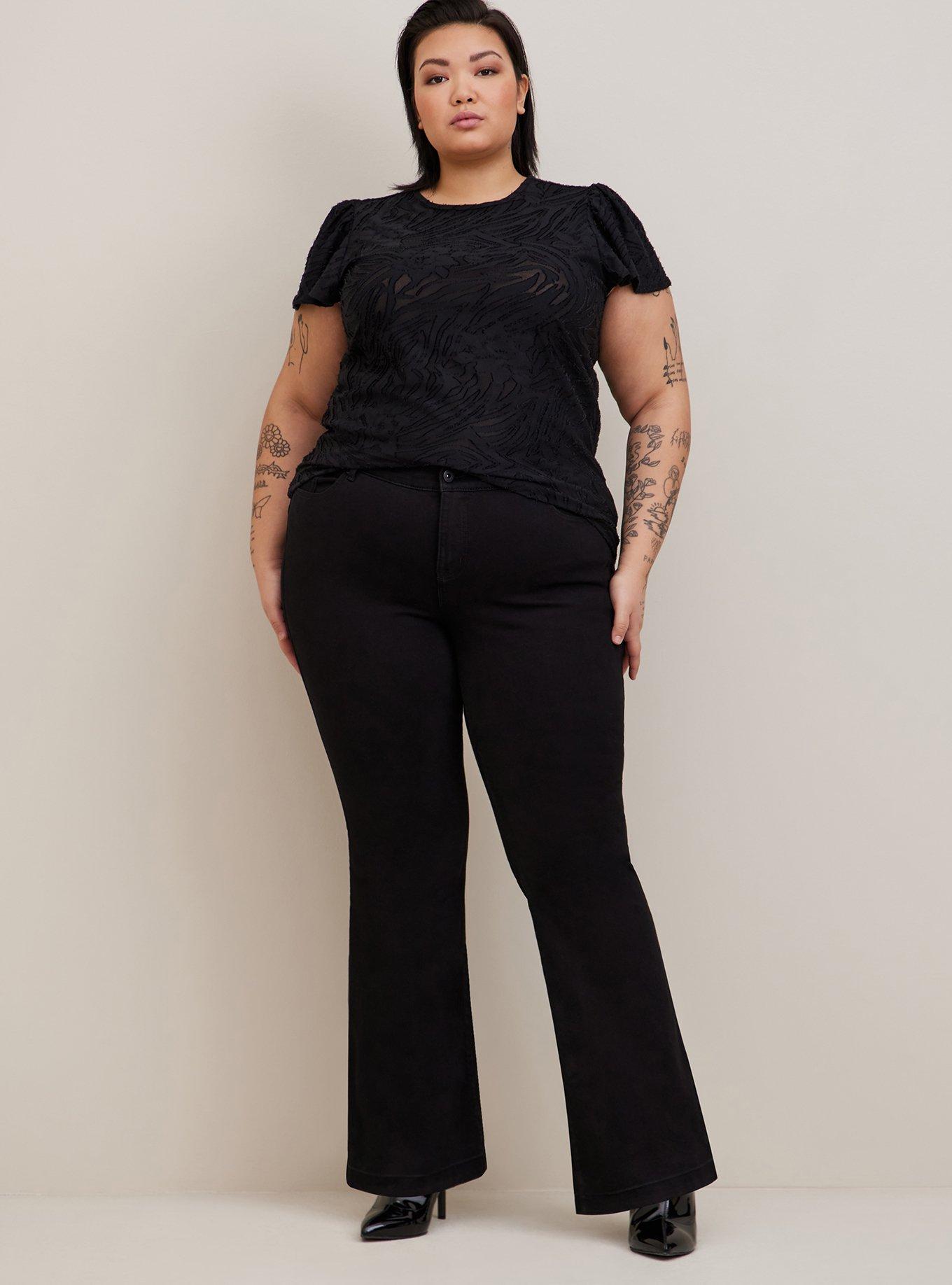 Plus Size Knit Jacquard Crew Neck Flutter Sleeve Tee, DEEP BLACK, alternate